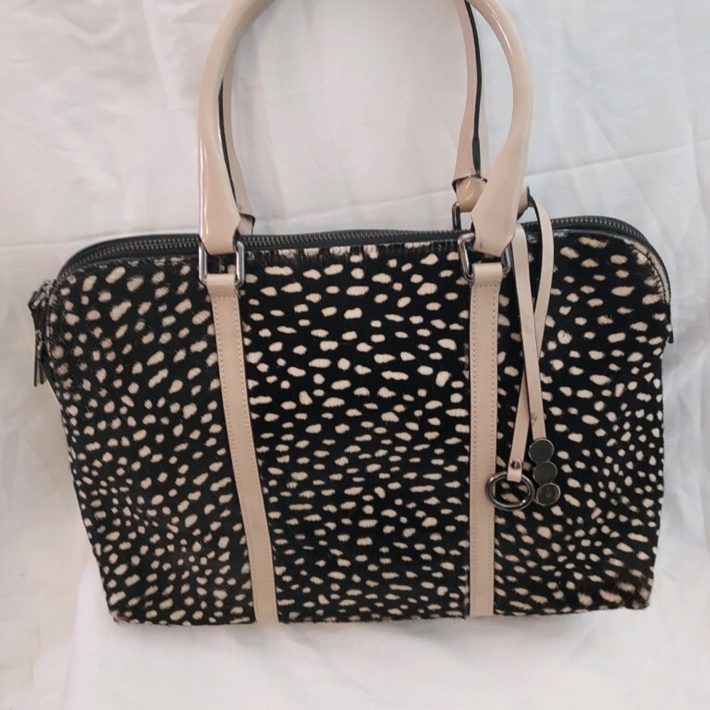 Italian, genuine leather, guinea hen printed fur, 10”x14” tote, 4” bottom gusset